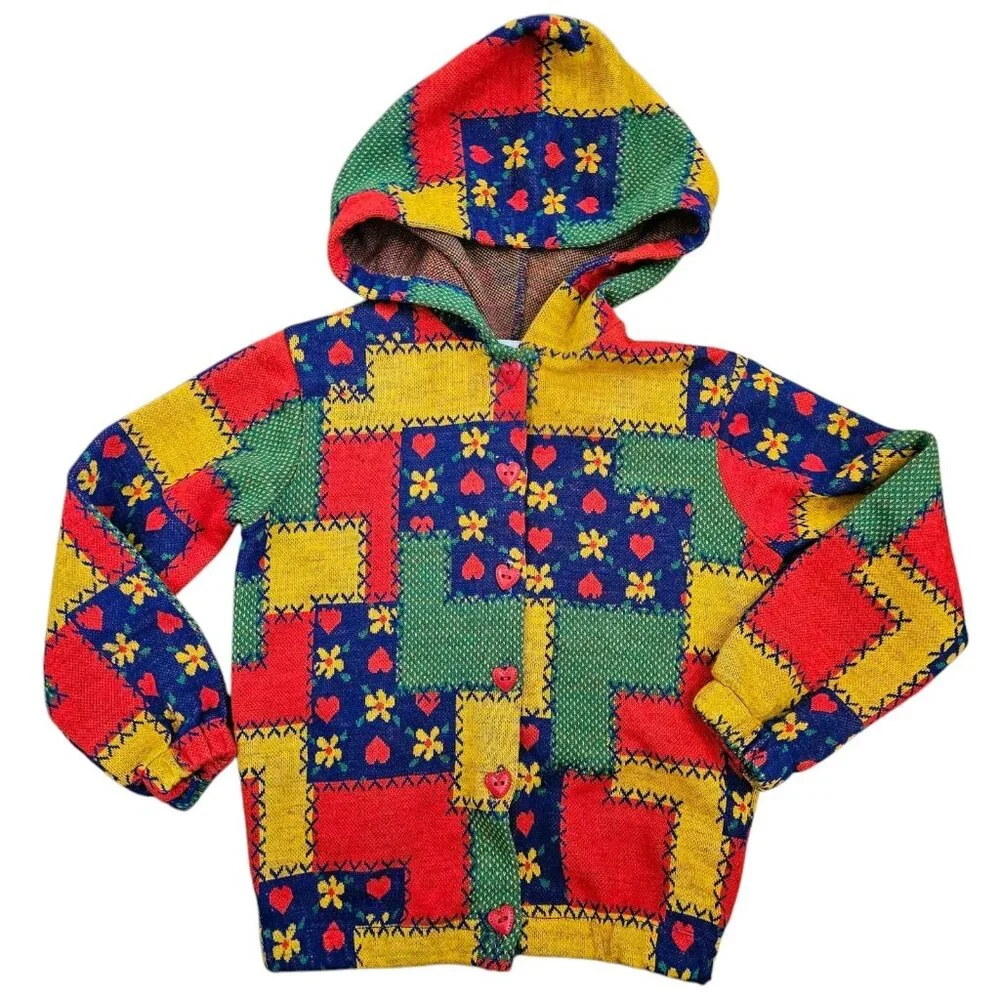 Retro 70s Girls Jacket Patchwork Floral Heart Buttons Knit Hooded Sz 3T 4T 1970s